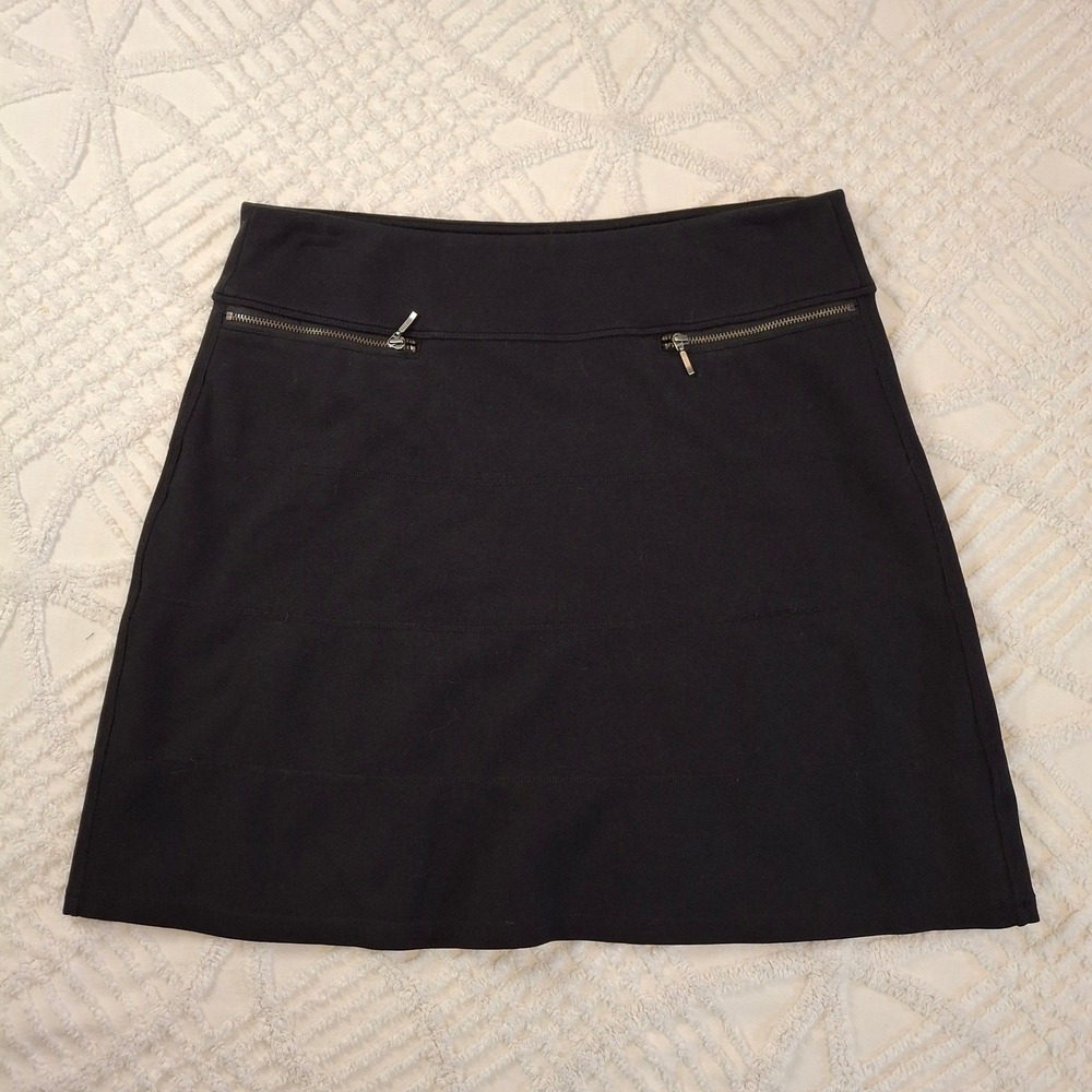 Athleta Womens Medium Skirt Black Mini A-Line Front Zip Pockets Stretch